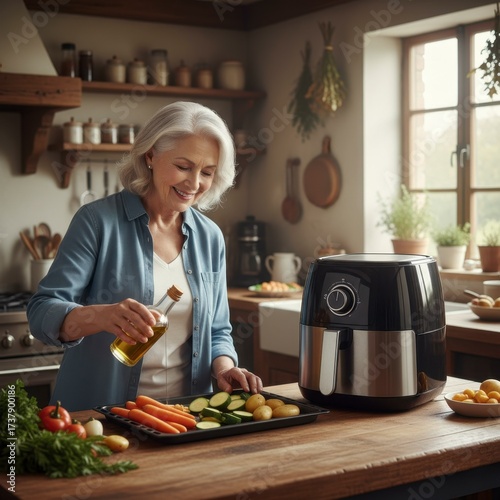 Happy, smiling senior woman cooking french fries with a modern air fryer in a bright, contemporary home kitchen for healthy eating.

