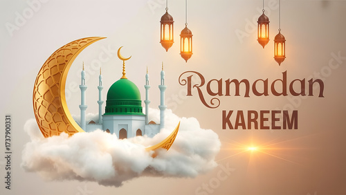 Ramadan Kareem greeting card with mosque, moon and lanterns 3d rendering illustration