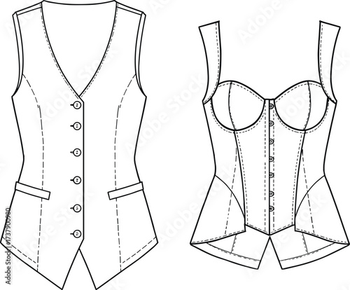 Tailored vest and corset top, cad drawing flat vector illustration, fashion blueprint, structured silhouette, garment design, front view, technical sketch