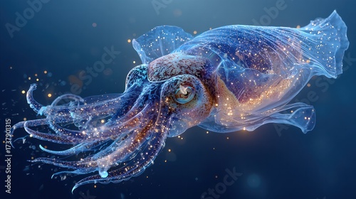 Stunning digital illustration of a luminous bioluminescent squid with glowing tentacles and intricate details, underwater scene with sparkling effects and deep ocean background