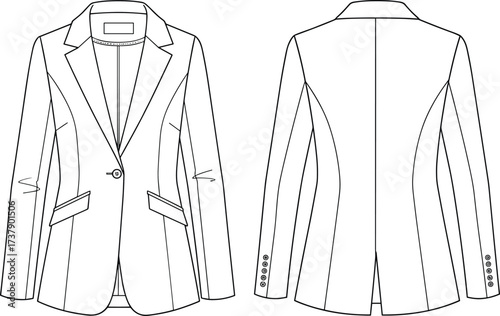 Tailored women’s blazer technical sketch, cad drawing flat vector illustration, front and back view, fashion blueprint, garment design, clothing silhouette