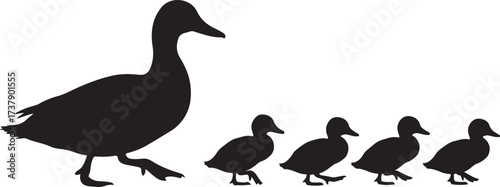 Black silhouette of a mother duck walking with her four ducklings following behind her