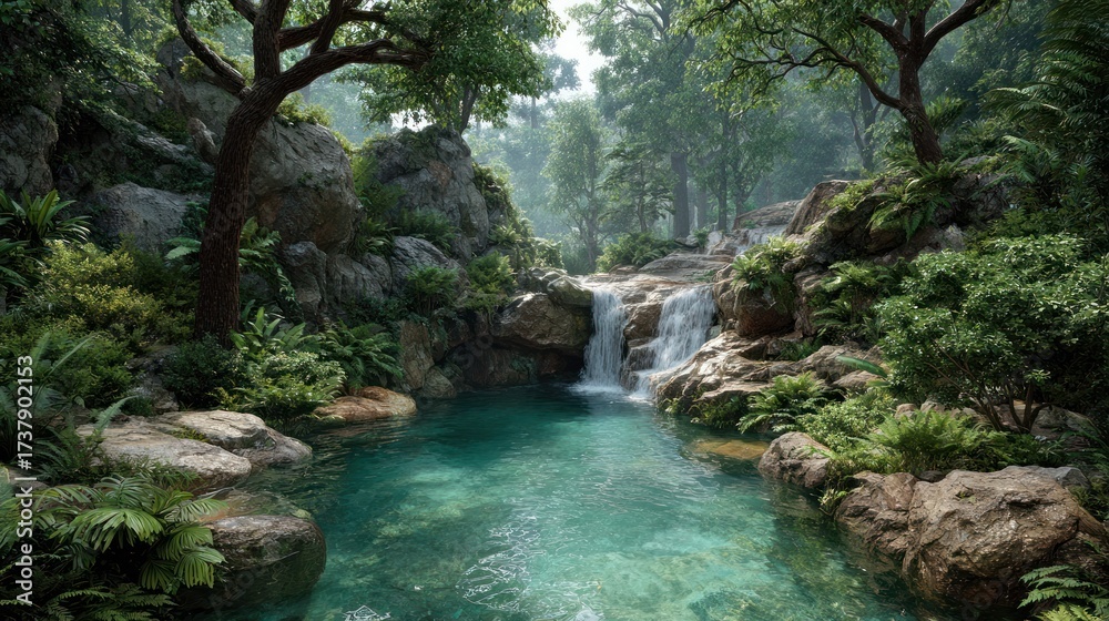 Fototapeta premium Serene lush green forest landscape with flowing waterfall cascading into clear turquoise river surrounded by rocks and dense trees under bright daylight