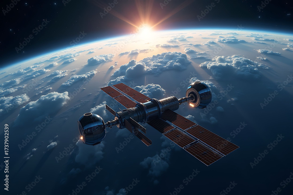 Fototapeta premium Photorealistic Earth from Orbit with High-Tech Satellite