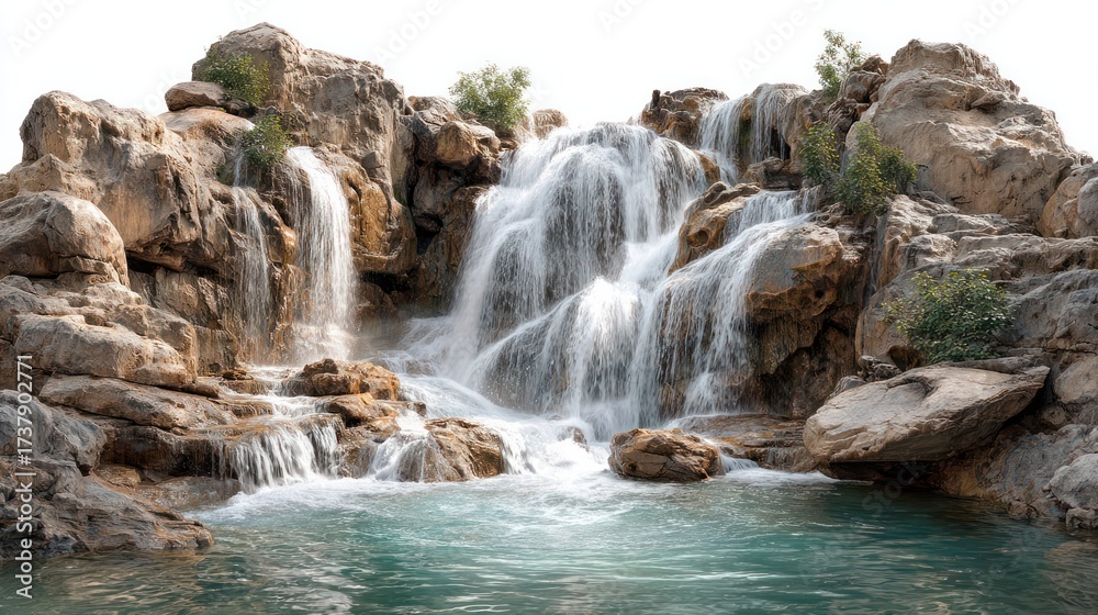 Fototapeta premium Majestic multi-tiered waterfall cascading over rugged rocky cliffs into a tranquil pool amidst lush greenery under bright natural daylight