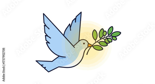 Stylized illustration of a blue dove carrying an olive branch symbolizing peace and serenity on a