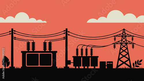 Silhouette of electrical power distribution station with transformers and pylon on orange background