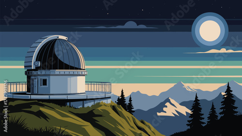A cartoon illustration of an observatory on a hill with mountains and a moon in the background at night