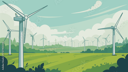 Wind turbines in a green field under a cloudy sky generating clean energy for a sustainable future view