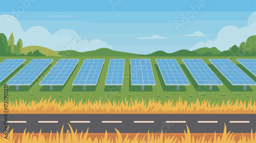 Cartoon illustration of a solar panel farm with a road running in front of it on a sunny day