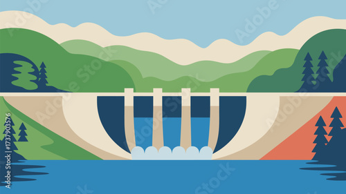 A stylized illustration of a dam with water flowing into a lake surrounded by mountains and trees