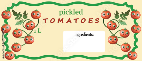 Sample for pickled tomato jar label sticker with cartoon tomatoes