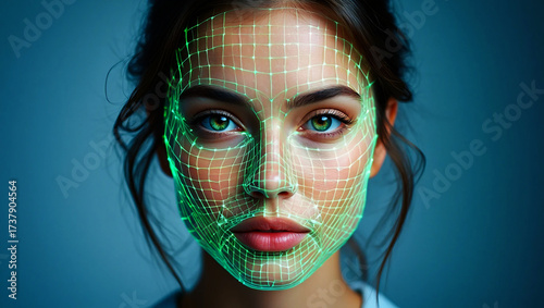 Woman face scanned with green digital grid overlay image