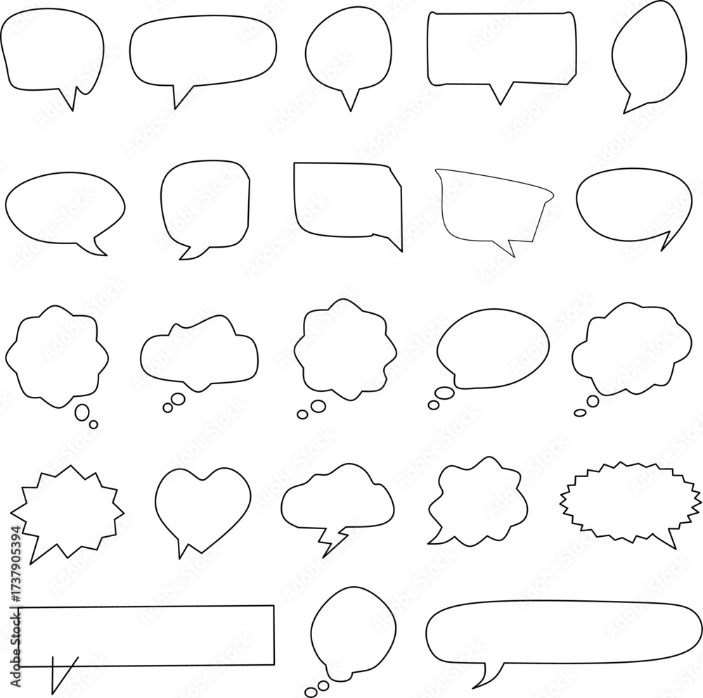 Fototapeta premium Set of outlined speech and thought bubbles in comic style. Blank dialogue frames, chat balloons, and creative shapes perfect for notes, design, and communication. 