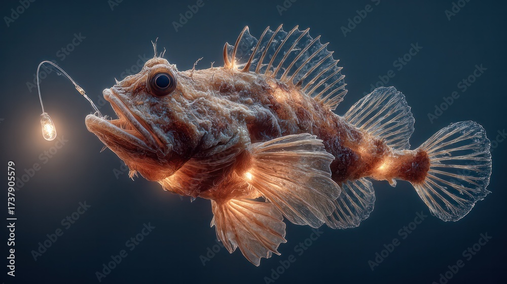 Fototapeta premium Close-up of a detailed camouflaged fish with textured scales and spiny fins illuminated by a small light in dark aquatic environment showcasing marine life diversity