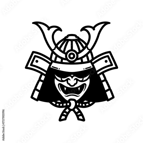 Samurai mask illustration, traditional Japanese warrior helmet with menacing face.