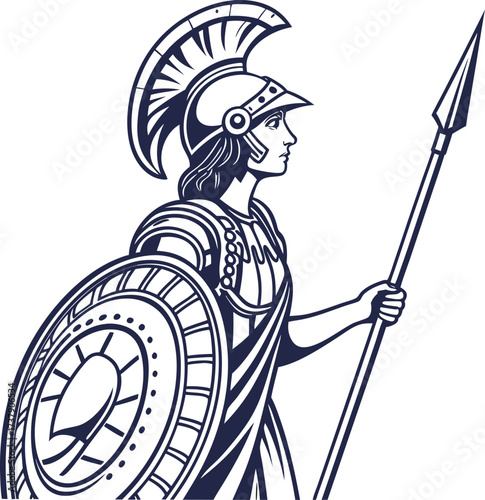Mythological Goddess with Spear and Shield Illustration