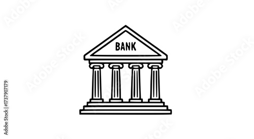 Simple black and white illustration of a bank building with columns and a triangular roof.