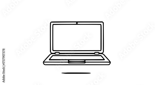 Simple line drawing of a laptop computer, open and ready for use, isolated on white background.