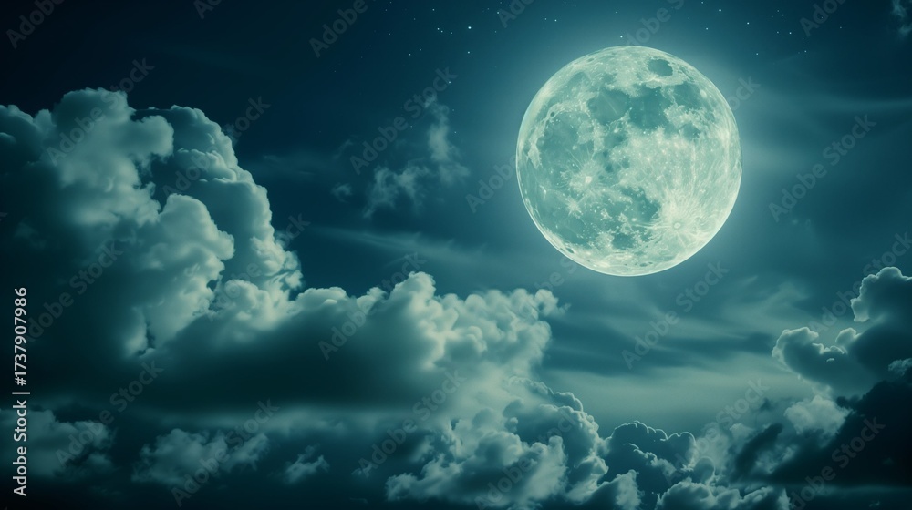 Obraz premium Bright full moon behind drifting soft clouds, night sky background, cinematic atmospheric scene.