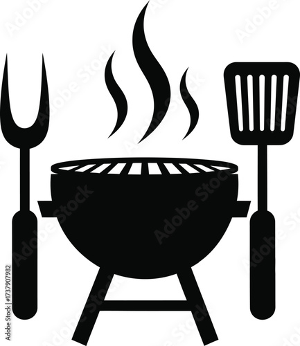 Barbecue grill with utensils and flames icon