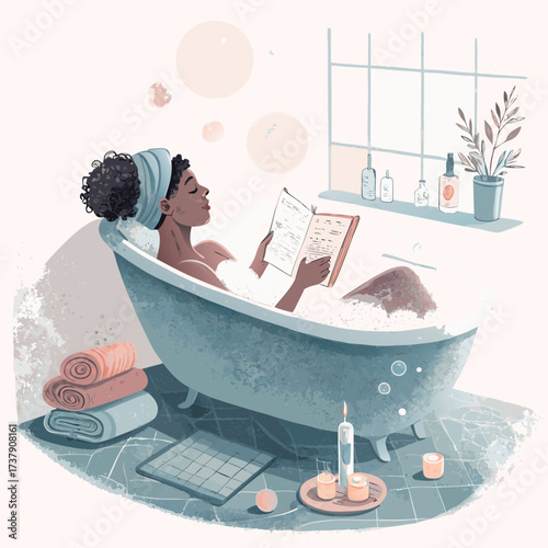 Vector art of a woman is relaxing in a bubble bath while reading a book, surrounded by candles, plants, and towels in a cozy bathroom setting illustration