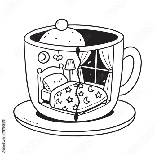 A hand drawn children's illustration of a cozy and cute illustration of a small bedroom inside a cup cut in half. 