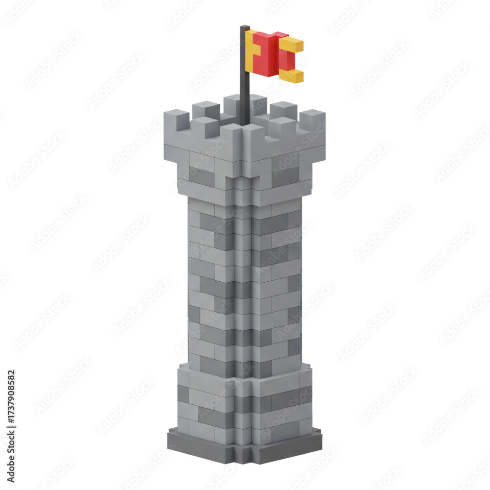 Fototapeta premium Voxel castle tower with a flag
