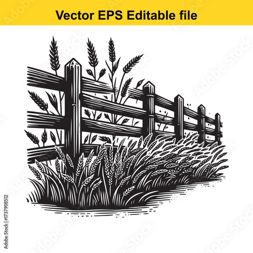 Vector art of wooden fence with wheat and grass