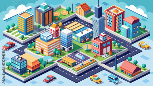 Megapolis 3d isometric three-dimensional view of the city. Collection of houses, skyscrapers, buildings, built and supermarkets with streets and traffic. The stock 
