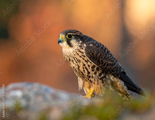 Focused Peregrine Falcon Perched on Rock.