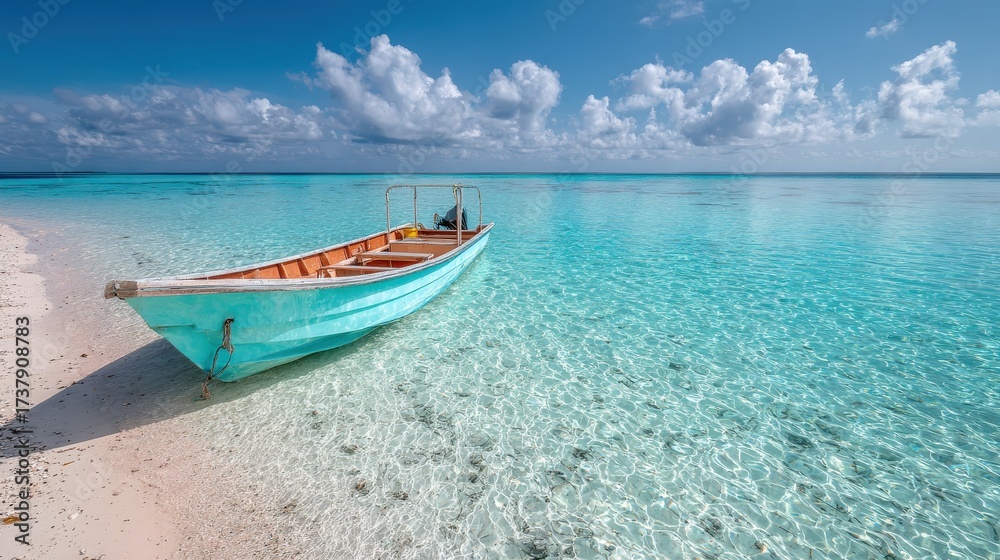 Naklejka premium Tropical beach with crystal-clear water, a small boat docked on the shore, isolated on a white background