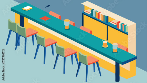 A long hightop communal table with bar stools for students to socialize and work at.
