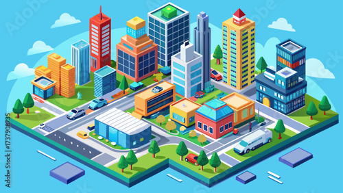 Megapolis 3d isometric three-dimensional view of the city. Collection of houses, skyscrapers, buildings, built and supermarkets with streets and traffic. The stock 