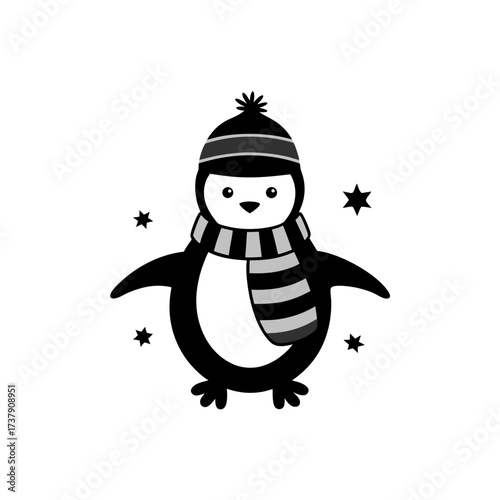 Penguin wearing a hat and scarf with stars on transparent background