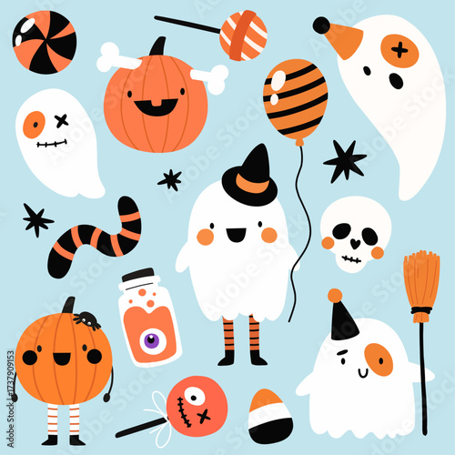 A cute collection of Halloween ghost characters, isolated prints in flat style