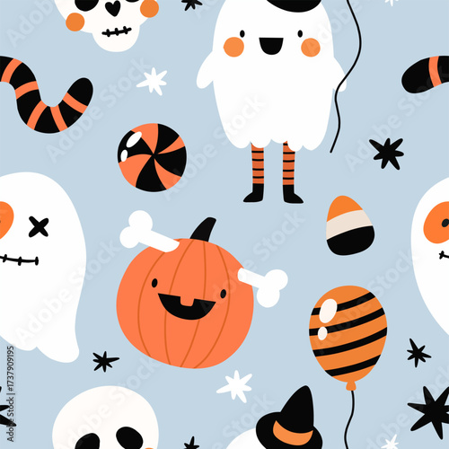 Seamless pattern with cute Halloween characters. Flat style, hand-drawn pattern.