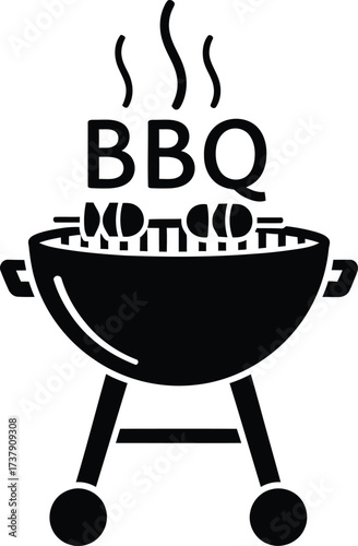 Black and white icon of a barbecue grill with food and steam