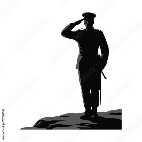 A powerful silhouette of a military officer saluting with a sword at his side, a black and white vector graphic symbolizing honor, duty, and patriotism