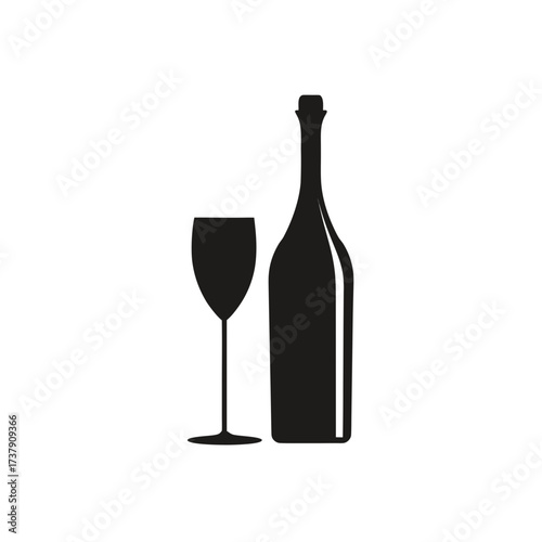 Silhouette of a wine bottle and glass set on transparent background
