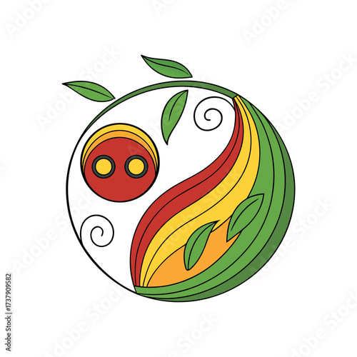Abstract yin yang design with green leaves and warm flowing shapes