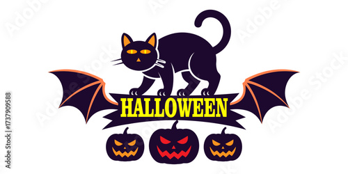 halloween graphic with black cat, yellow text banner, bat wings and glowing jack-o'-lanterns on dark background, spooky festive design