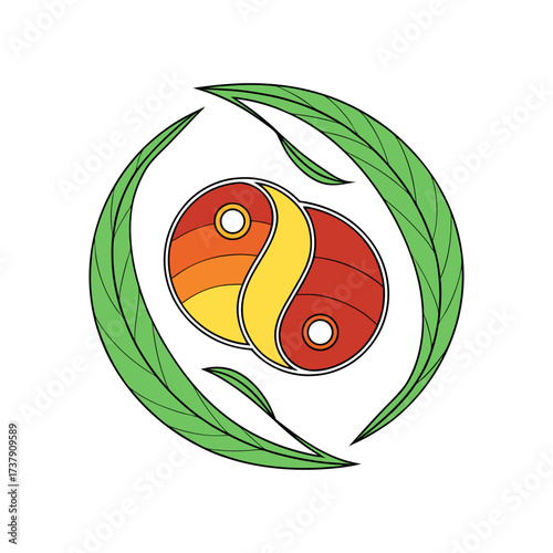 Colorful yin yang symbol with green leaves in balance design