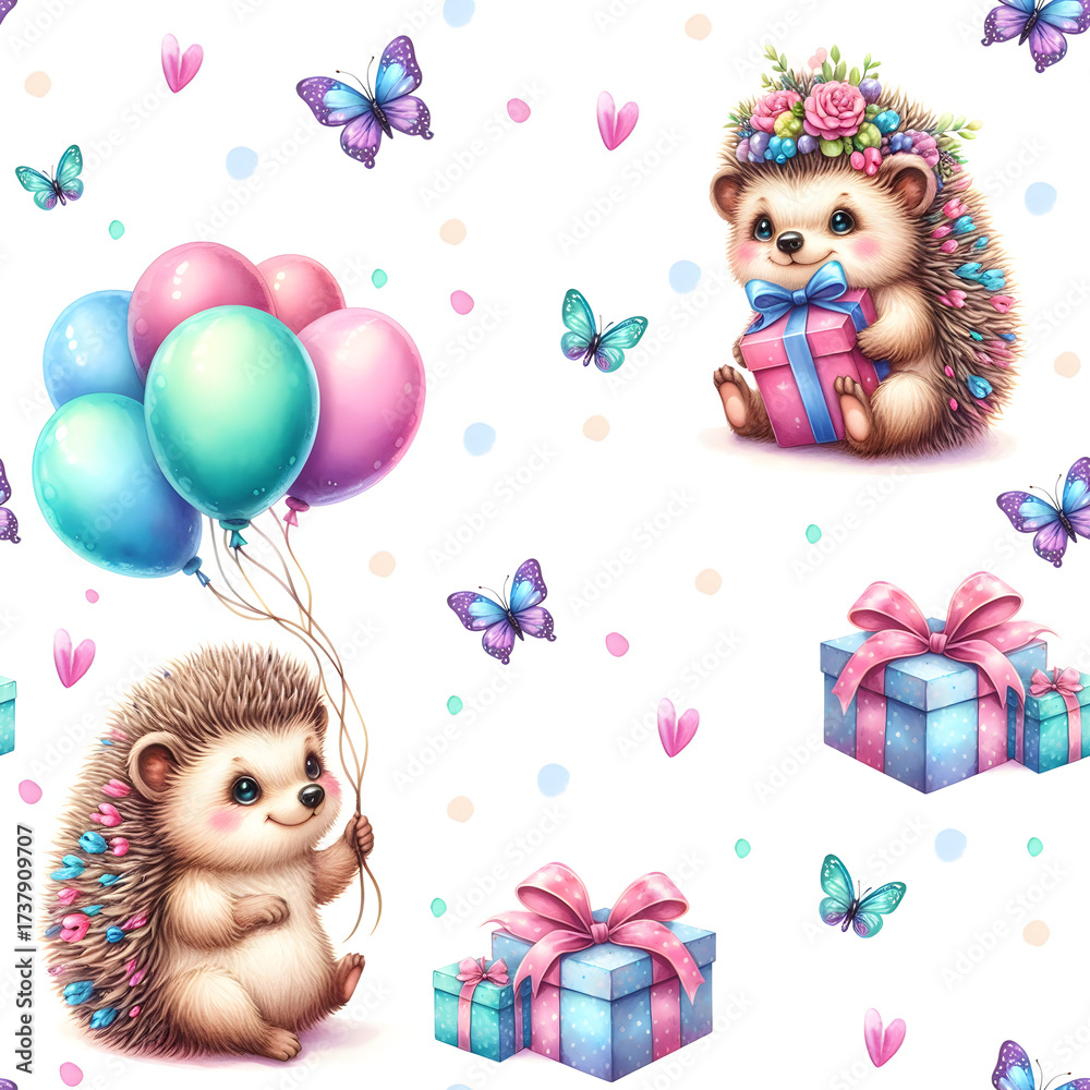 Fototapeta premium Cute Baby Hedgehog Birthday Seamless Pattern with Flower Crown, Balloons, Presents, and Butterflies