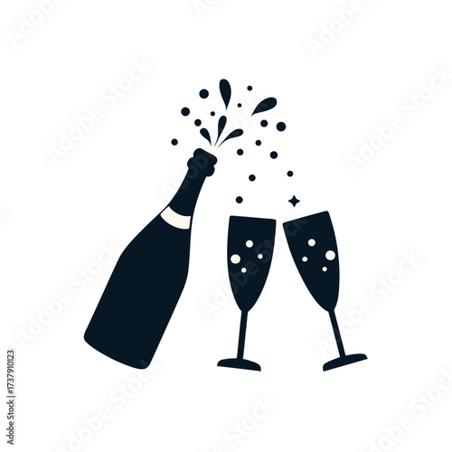 Champagne bottle pouring into two glasses on transparent background