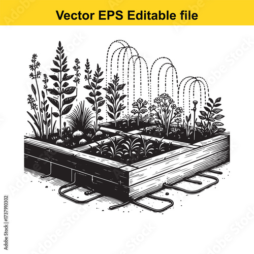 Vector art of raised garden bed with irrigation system and plants