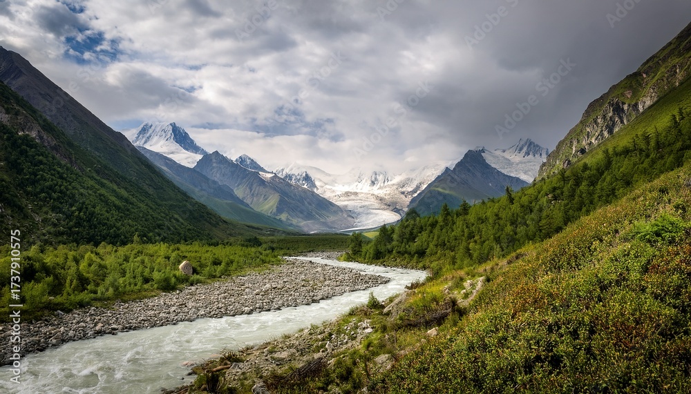 Obraz premium beautiful landscape with mountain river among rocks and hills in green alpine valley lush flora and dense thicket with view to big glacier and large snow mountain range far away under gray cloudy sky
