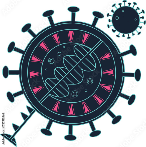 Dynamic scientific illustration of viral particles and DNA helix, representing infectious disease research and medical breakthroughs in a modern, stylized format for health campaigns.