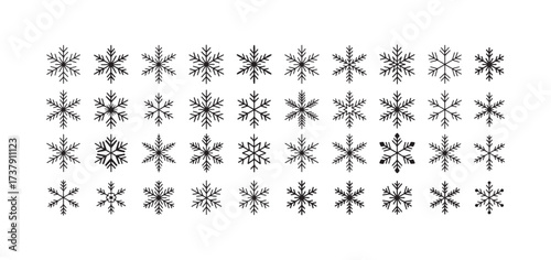 Snowflake vector icons set, winter holiday decorative snow crystal symbols, Christmas and New Year frozen iceflake collection, black silhouette snowflakes for seasonal design, pattern, logo, and decor