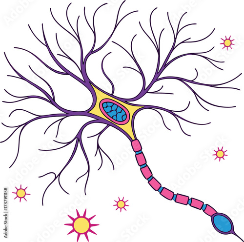 Vibrant, stylized neuron illustration sparks imagination for medical, scientific, and educational content creation, conveying complex ideas.